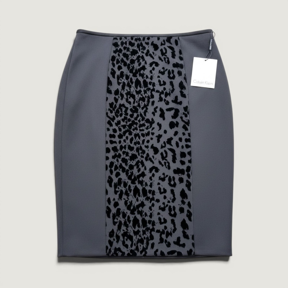 Calvin Klein‎ Pencil Skirt Womens 2P Black New Leopard Print Velvet T5NS3413